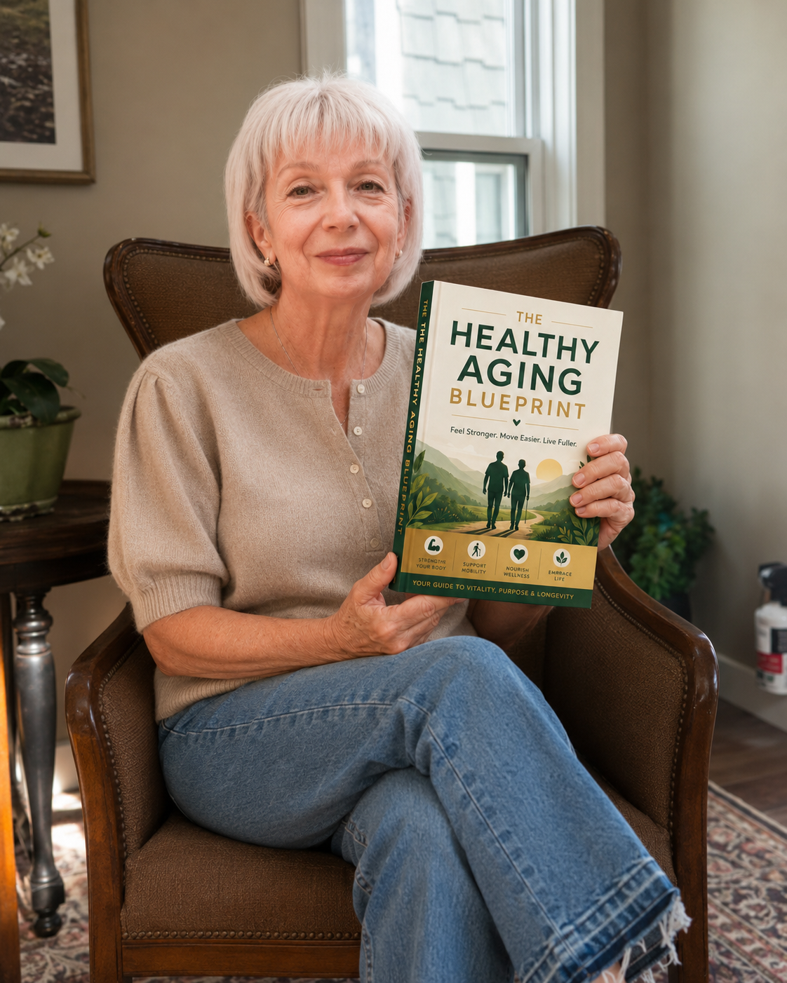 Happy reader holding The Healthy Aging Blueprint